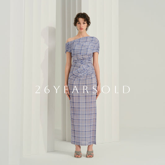 26ÉDITION The Downy Canon - Ruching Off-Shoulder Check Dress