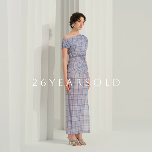 26ÉDITION The Downy Canon - Ruching Off-Shoulder Check Dress