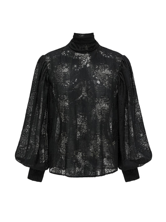 26YEARSOLD Floral Lace Puff Sleeve High Neck Top Black