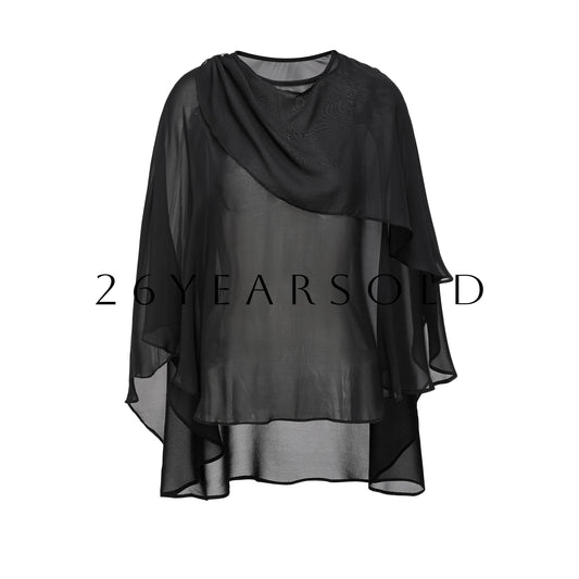 26YEARSOLD Asymmetric Silk Blend Sheer Cape Top Black