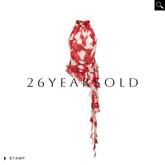 26YEARSOLD Asymmetrical Ruffled Silk Blend Halter Top Red Print