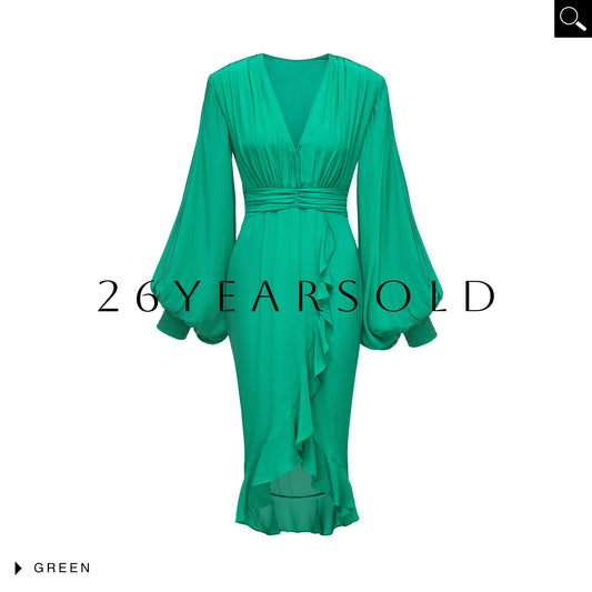 26YEARSOLD Butterfly Waves Deep V-Neck Padded Shoulder Maxi Dress
