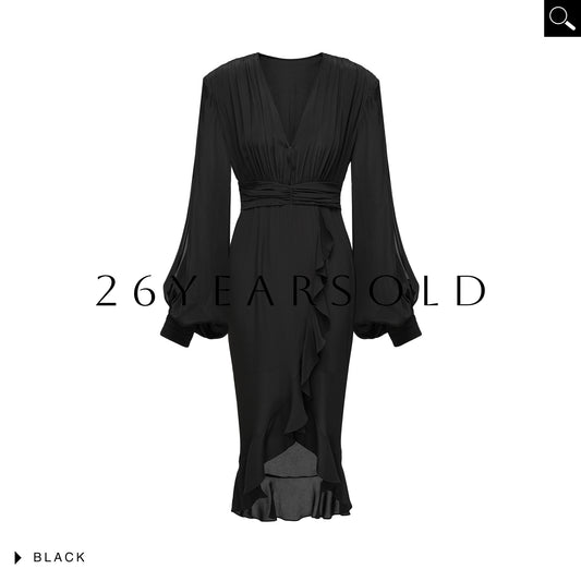 26YEARSOLD Butterfly Waves Deep V-Neck Padded Shoulder Maxi Dress