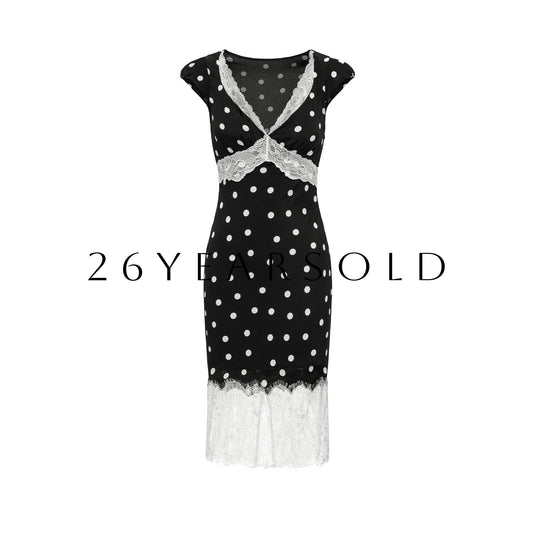 26YEARSOLD Polka Dot Muse V Neck Midi Dress Black White Dots
