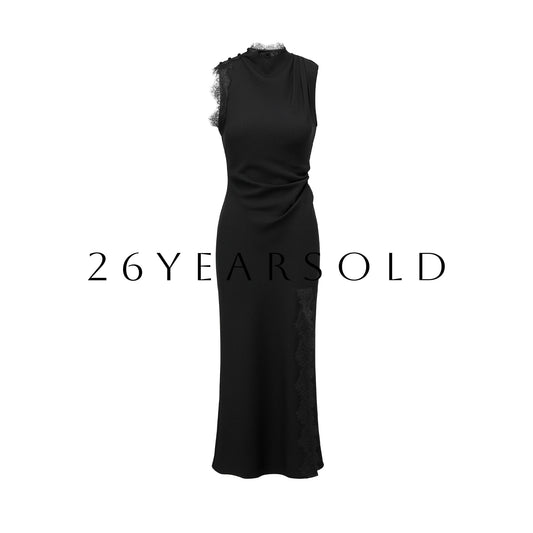 26YEARSOLD Cloud Vein Drapes Black Satin Midi Dress