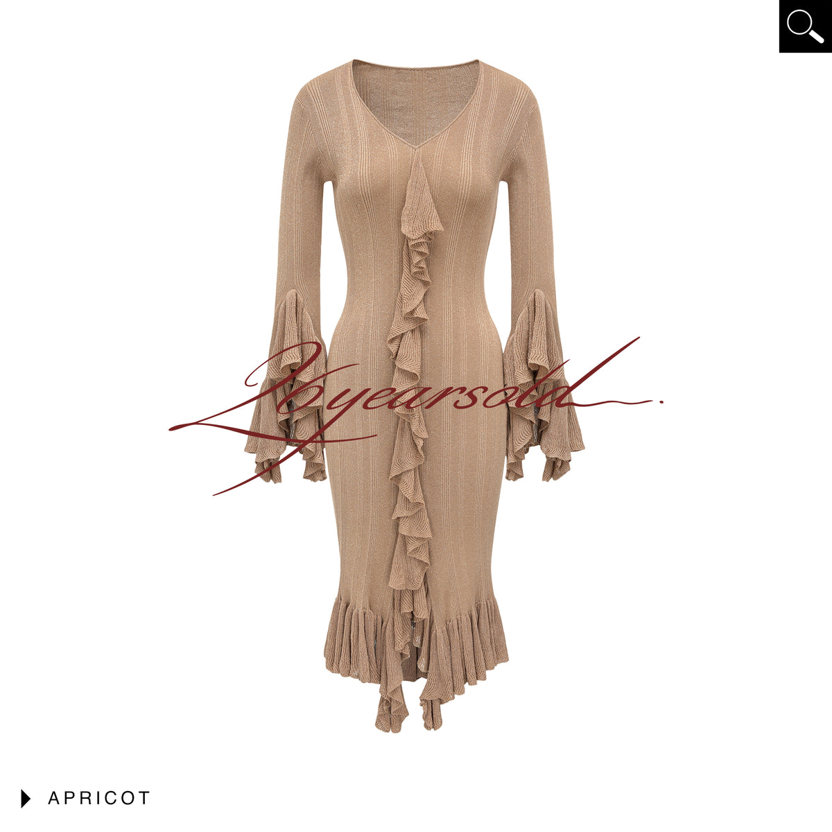 26YEARSOLD Ruffle Trim Knit Midi Dress Apricot