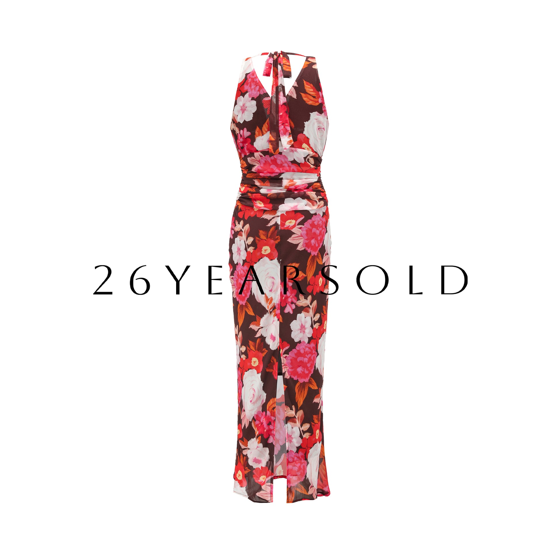 26YEARSOLD Floral Silk Halter Maxi Dress in Caramel Brown
