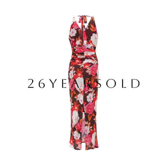 26YEARSOLD Floral Silk Halter Maxi Dress in Caramel Brown