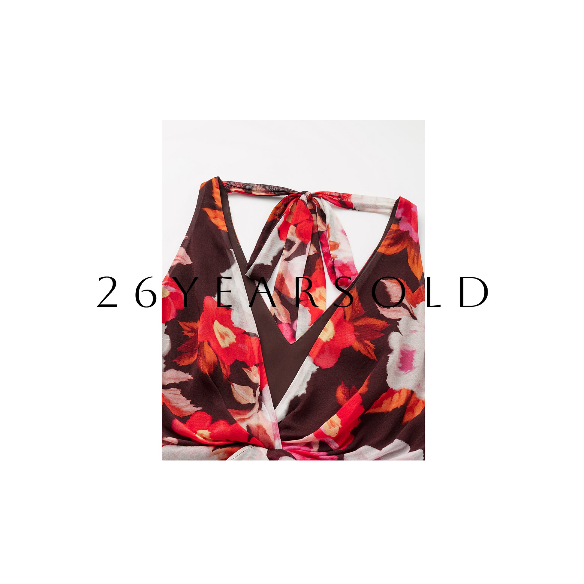 26YEARSOLD Floral Silk Halter Maxi Dress in Caramel Brown