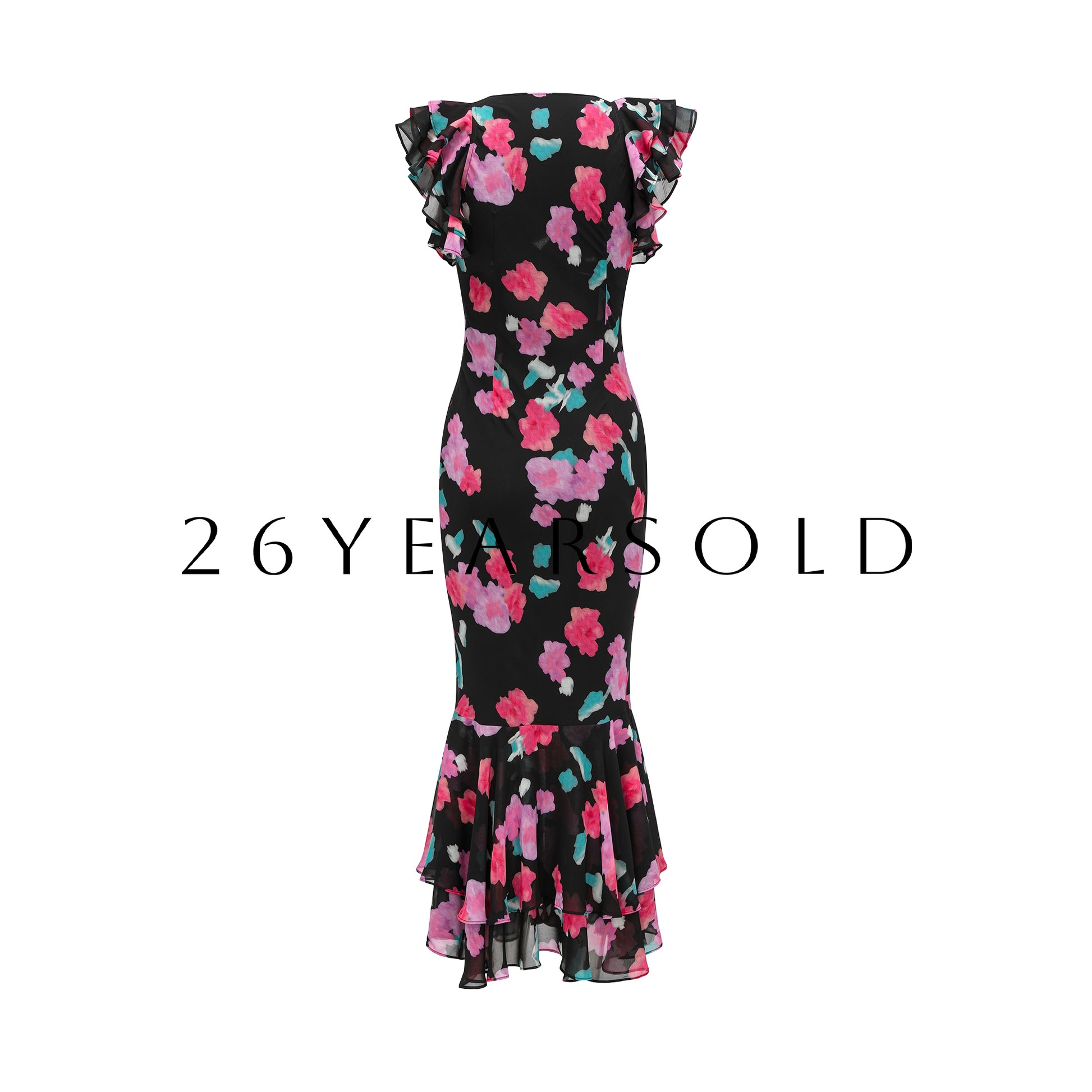 26YEARSOLD Ruffle Mermaid Floral Maxi Dress in Watercolor Chiffon