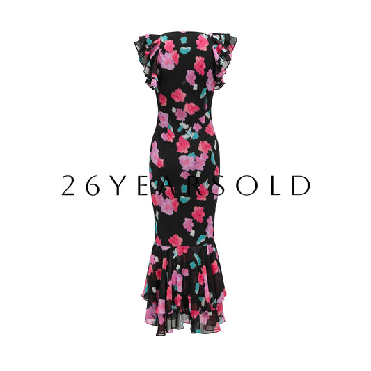 26YEARSOLD Ruffle Mermaid Floral Maxi Dress in Watercolor Chiffon