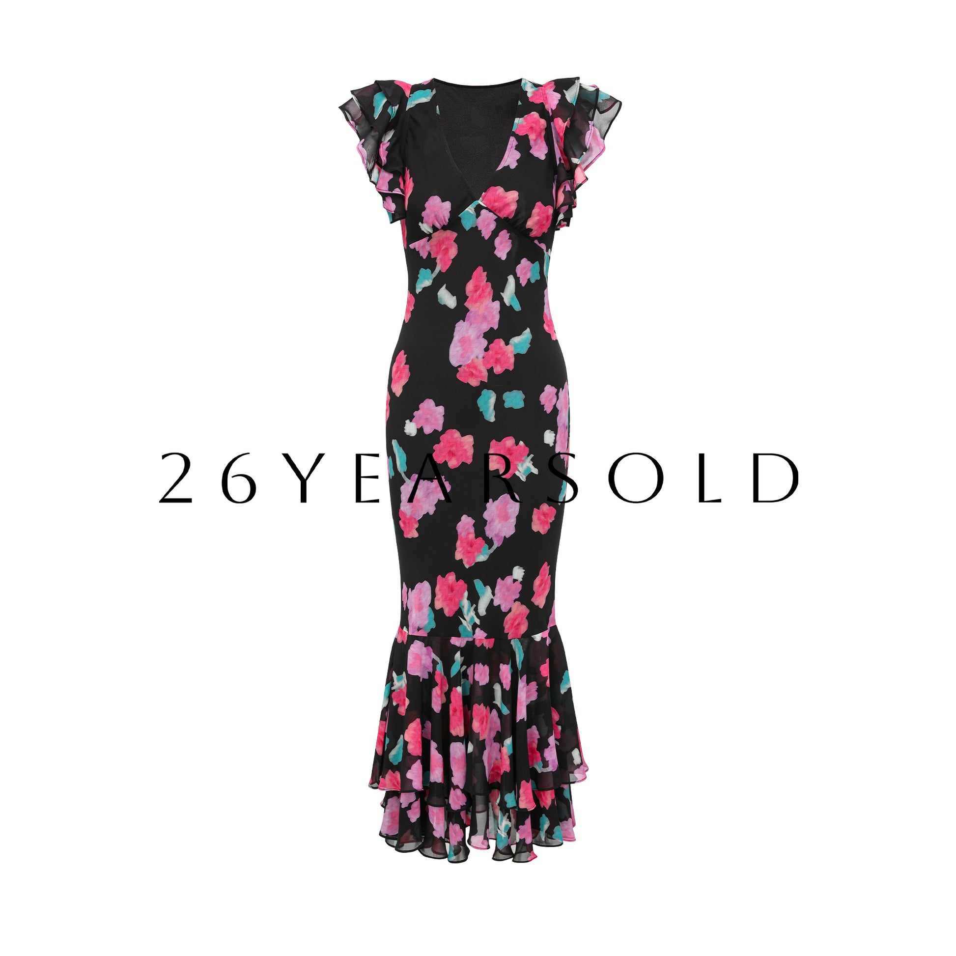 26YEARSOLD Ruffle Mermaid Floral Maxi Dress in Watercolor Chiffon Black pink