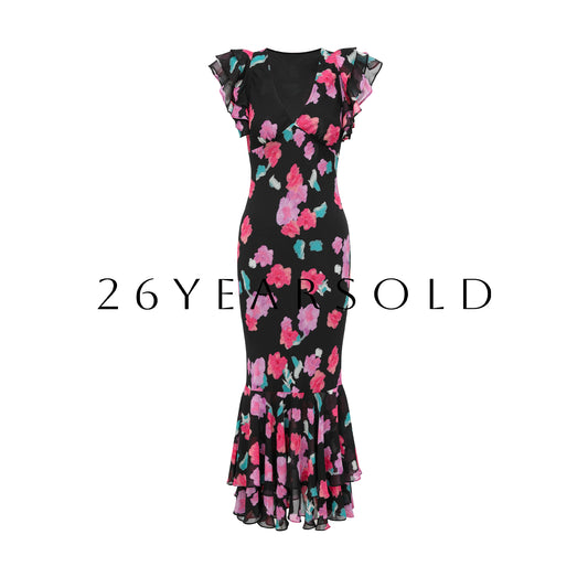 26YEARSOLD Ruffle Mermaid Floral Maxi Dress in Watercolor Chiffon Black pink