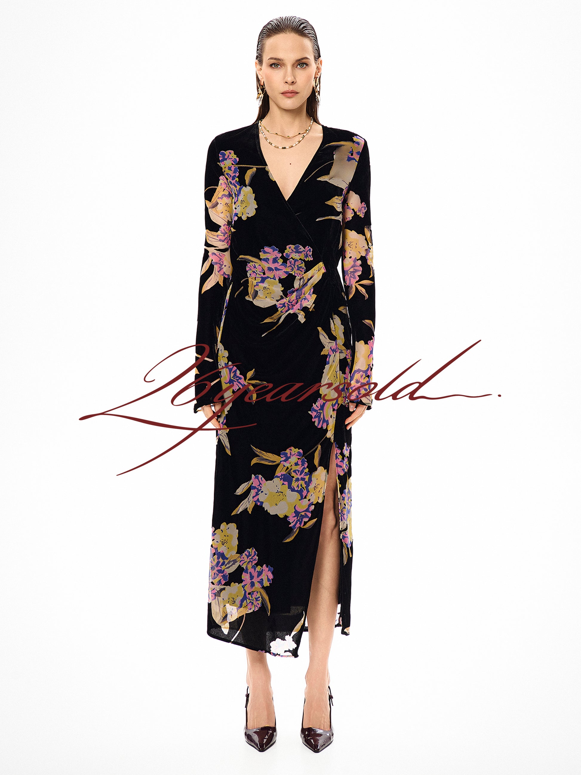 26YEARSOLD Black Floral Velvet Wrap Midi Dress Black