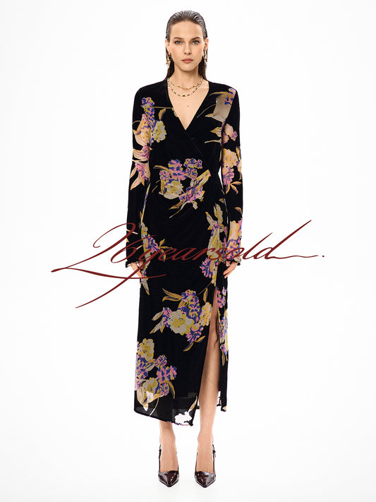 26YEARSOLD Black Floral Velvet Wrap Midi Dress Black