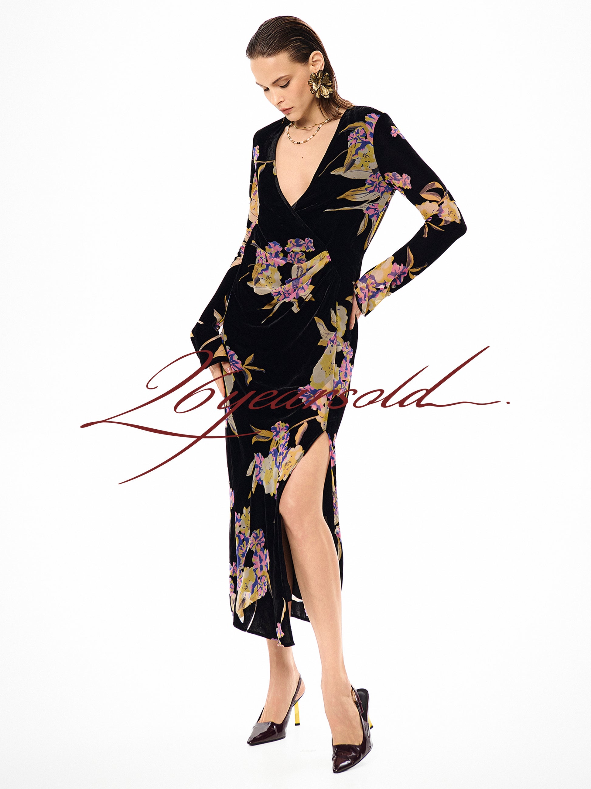 26YEARSOLD Black Floral Velvet Wrap Midi Dress