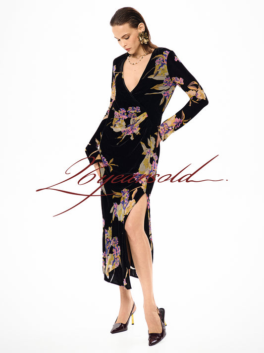 26YEARSOLD Black Floral Velvet Wrap Midi Dress