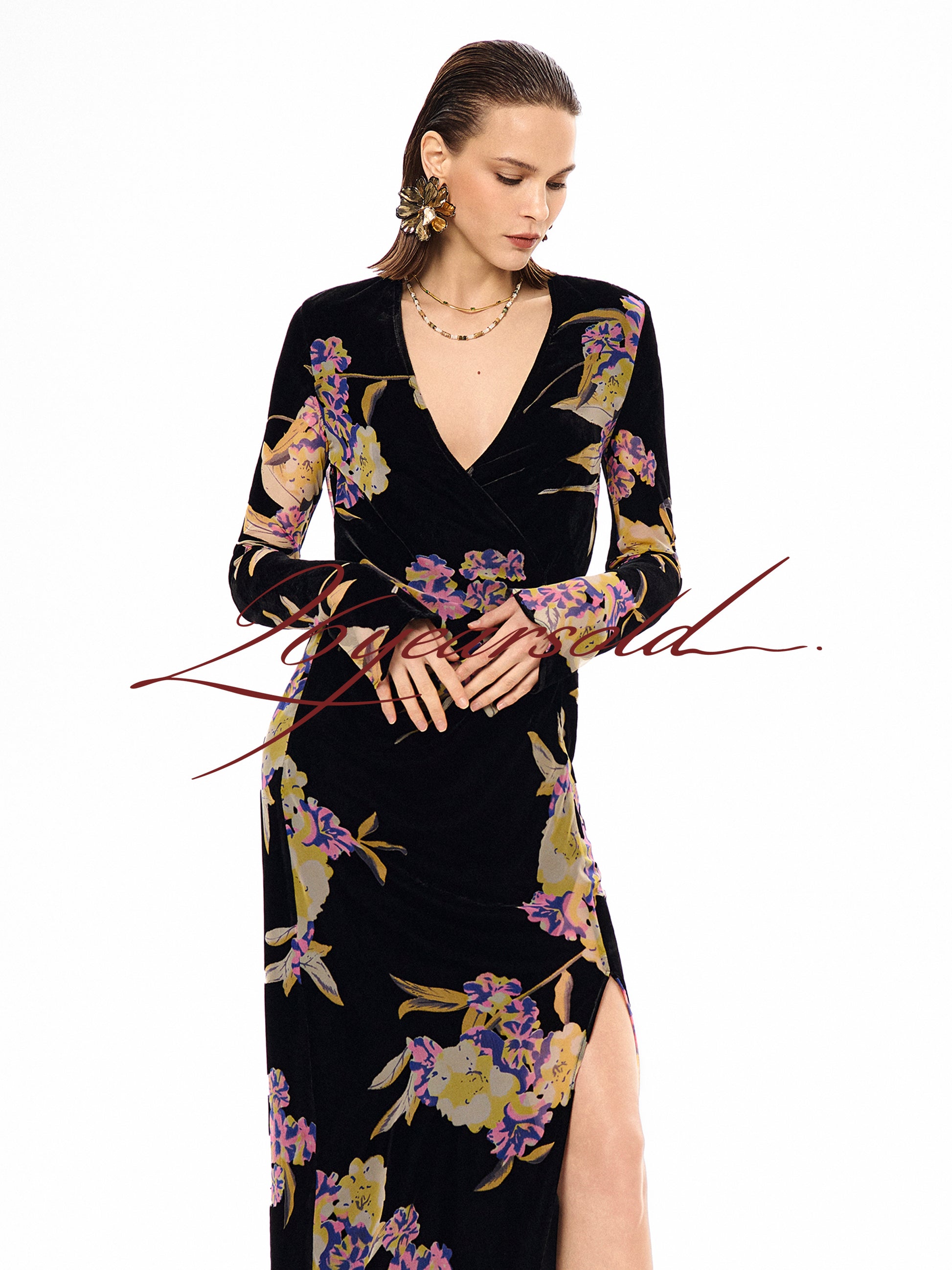 26YEARSOLD Black Floral Velvet Wrap Midi Dress