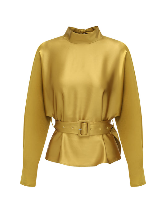 26YEARSOLD Acetate Blend Satin Belted High Neck Top Gold
