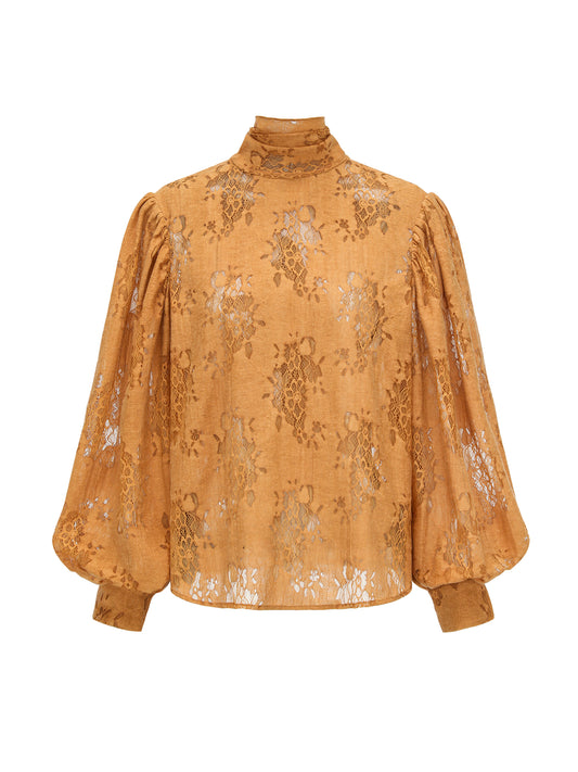 26YEARSOLD Floral Lace Puff Sleeve High Neck Top Orange