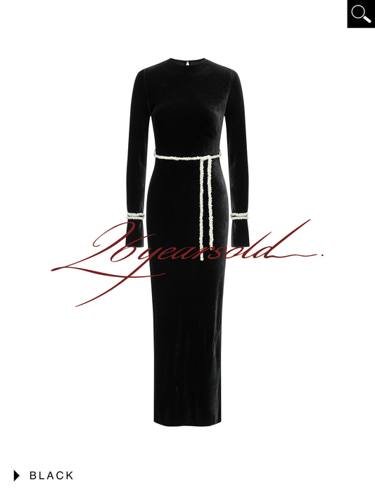 26YEARSOLD Black Velvet Beaded Belt Maxi Dress Black