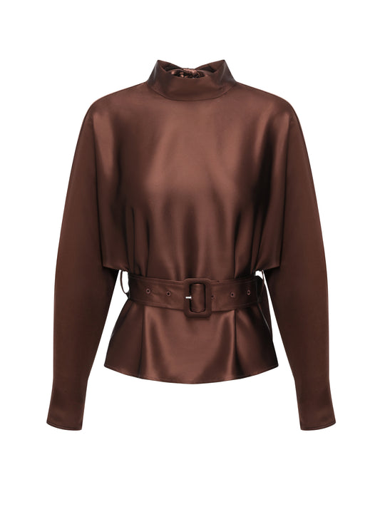 26YEARSOLD Acetate Blend Satin Belted High Neck Top Brown