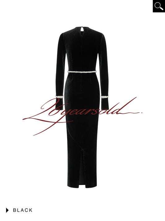 26YEARSOLD Black Velvet Beaded Belt Maxi Dress