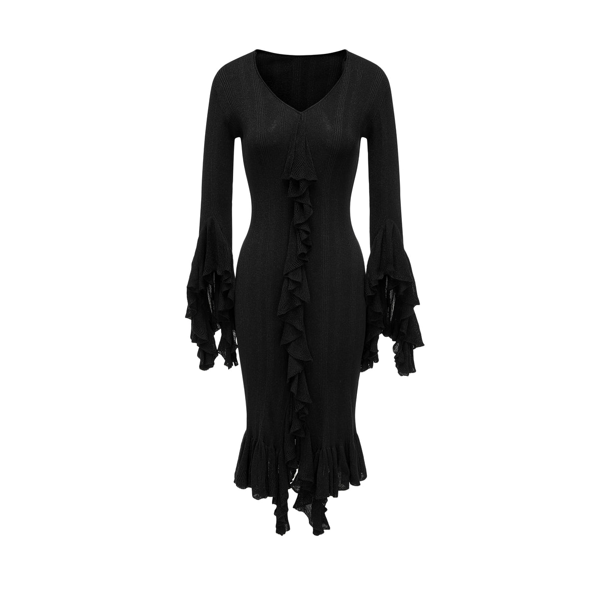 26YEARSOLD Ruffle Trim Knit Midi Dress Black