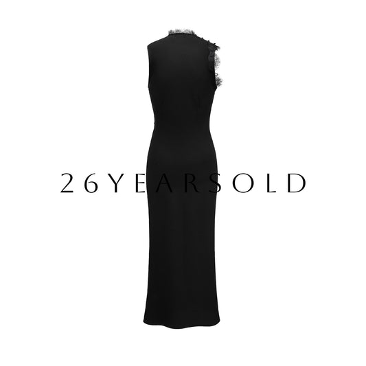 26YEARSOLD Cloud Vein Drapes Black Satin Midi Dress