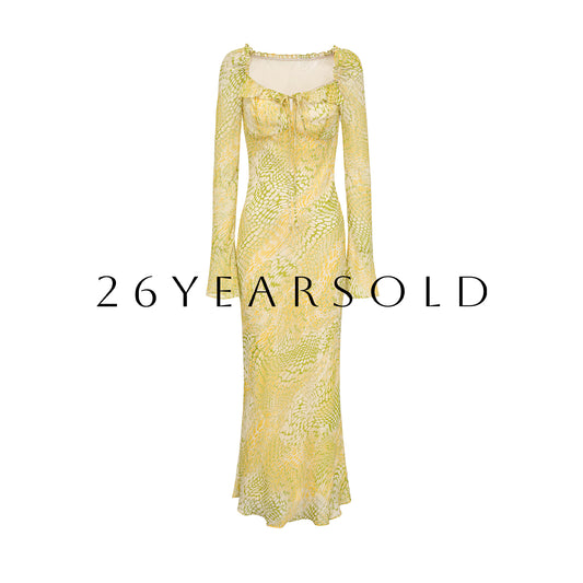 26YEARSOLD Apricot & Lime Abstract Print Mulberry Silk Maxi Dress Apricot Yellow Print