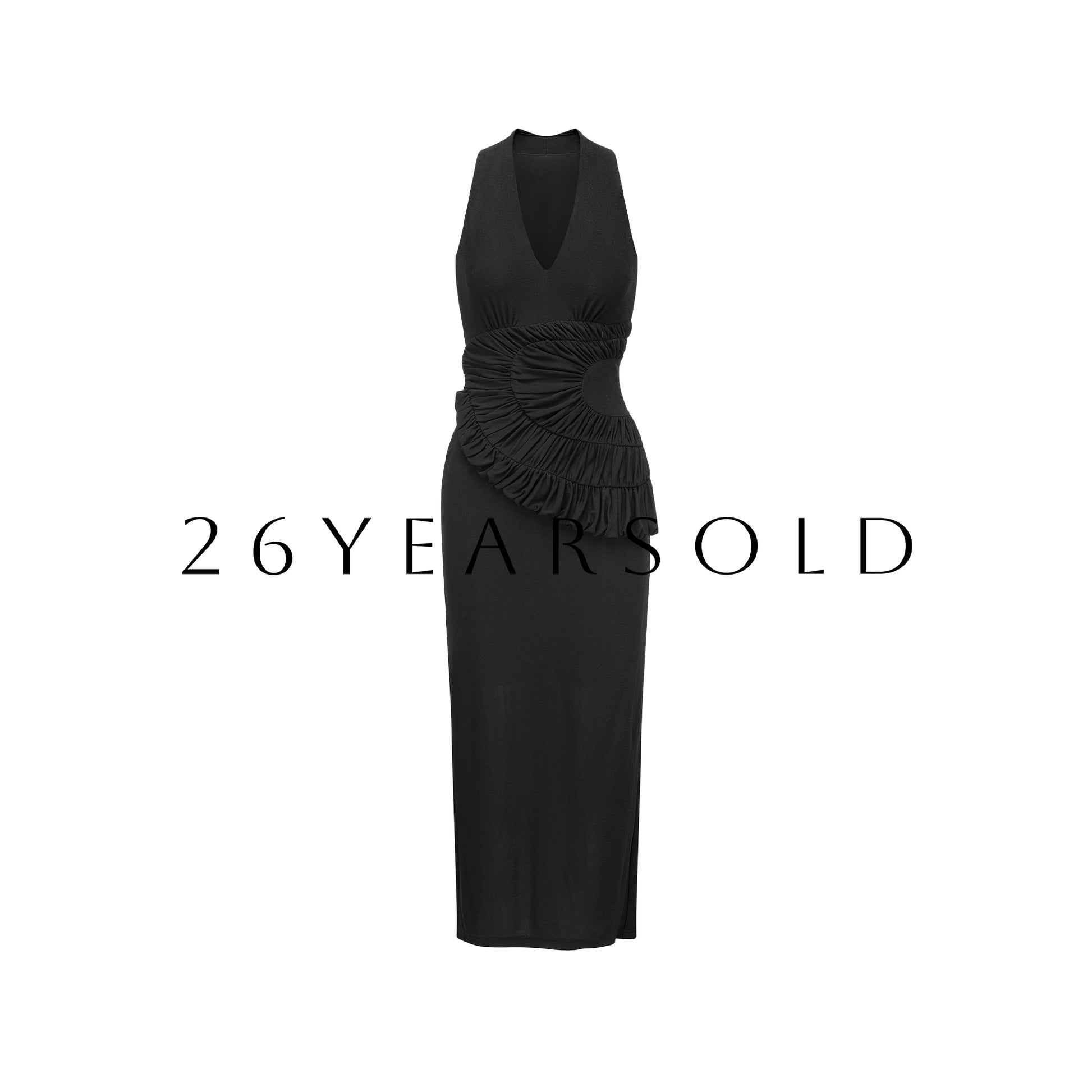 26YEARSOLD Sculptural Halter Deep V-Neck Maxi Dress Black