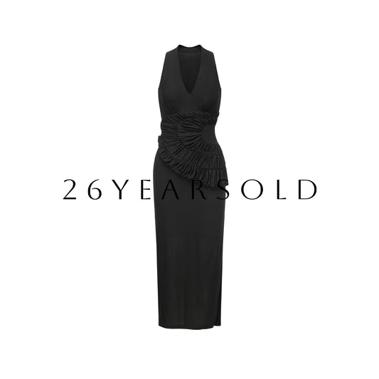 26YEARSOLD Sculptural Halter Deep V-Neck Maxi Dress Black