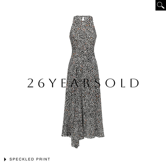 26YEARSOLD The Asymmetric Halter Maxi Dress in Shadow Dot Shadow Dot