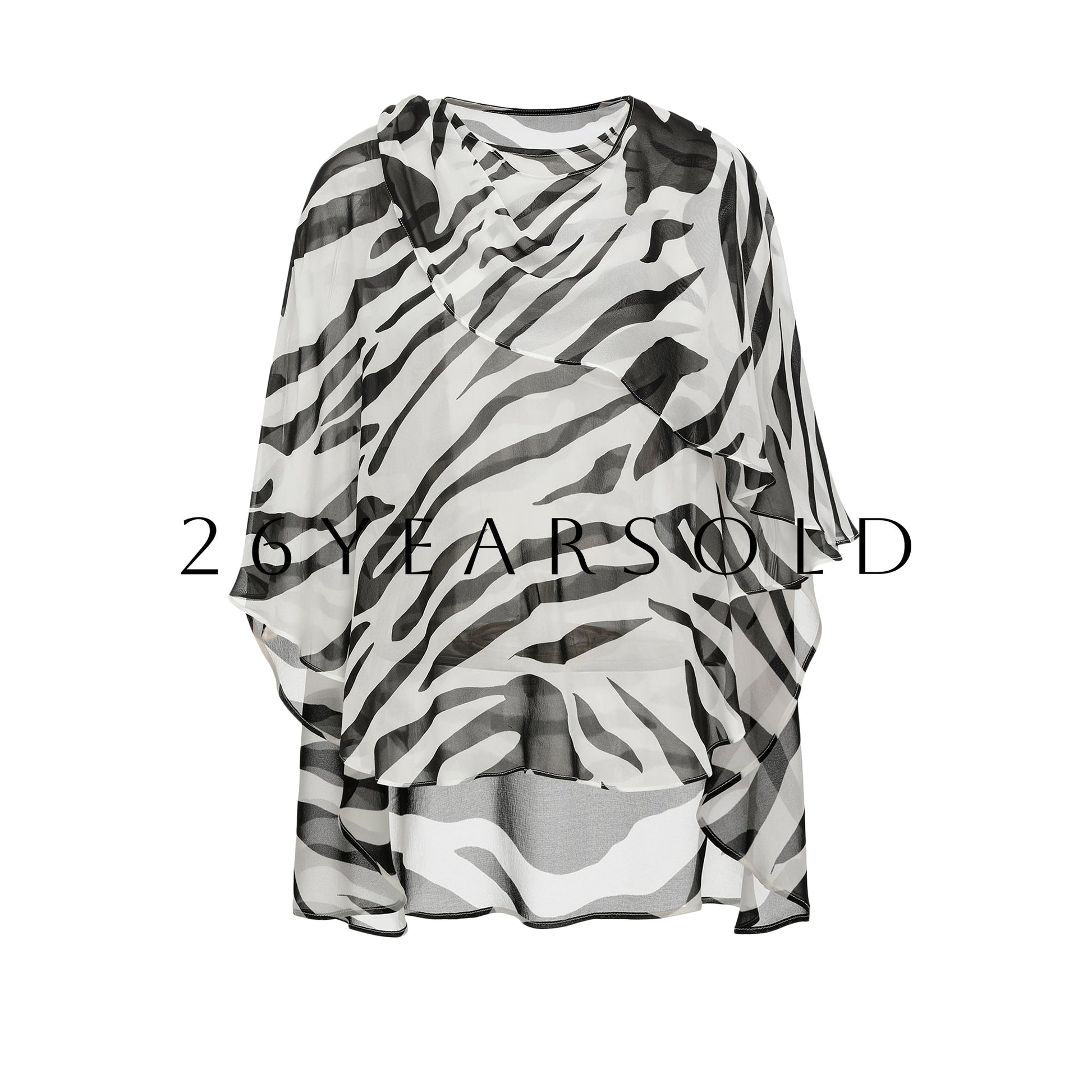 26YEARSOLD Asymmetric Silk Blend Sheer Cape Top Black white stripes