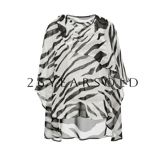 26YEARSOLD Asymmetric Silk Blend Sheer Cape Top Black white stripes
