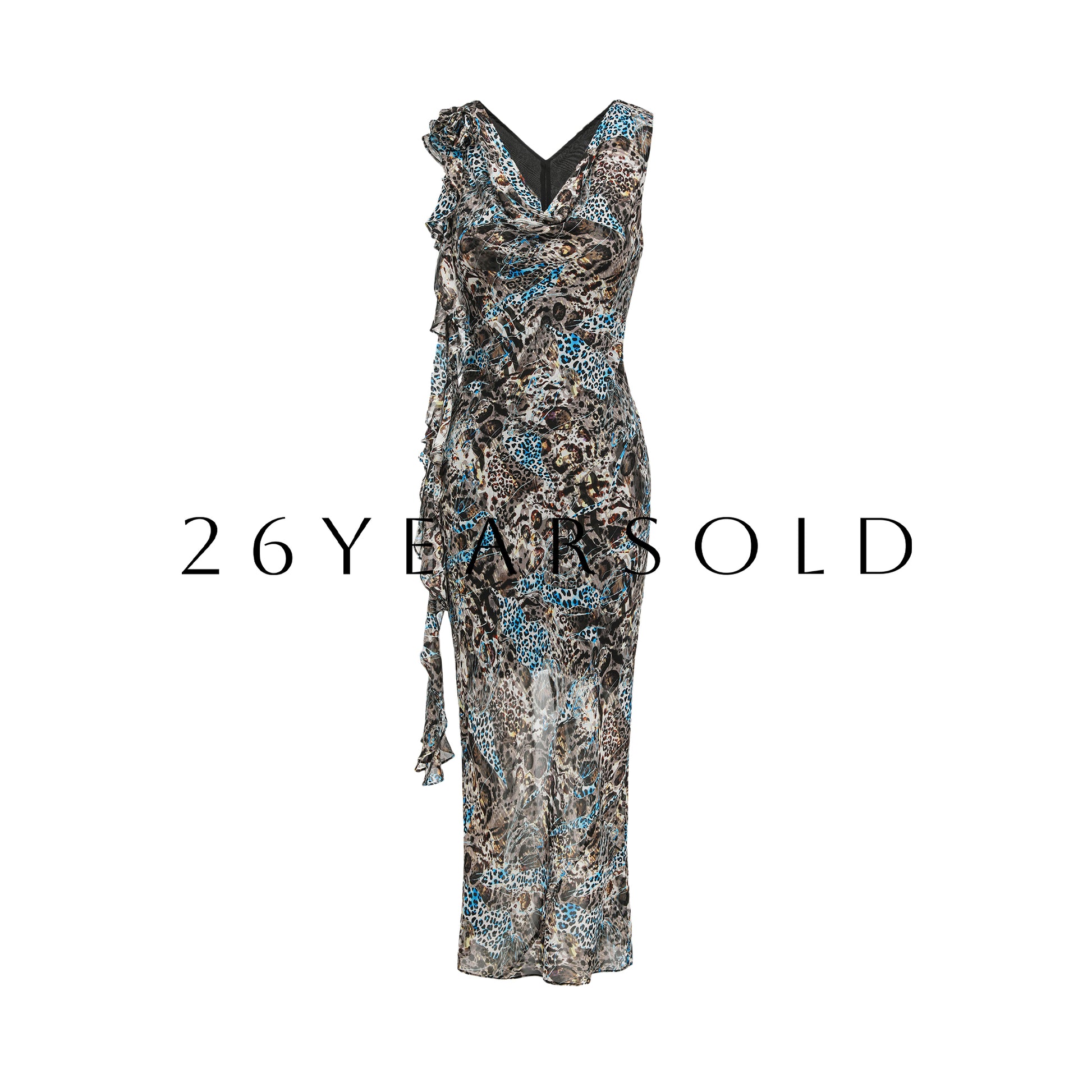 26YEARSOLD Electric Leopard Silk Blend Cowl Neck Ruffled Maxi Dress Blue Leopard