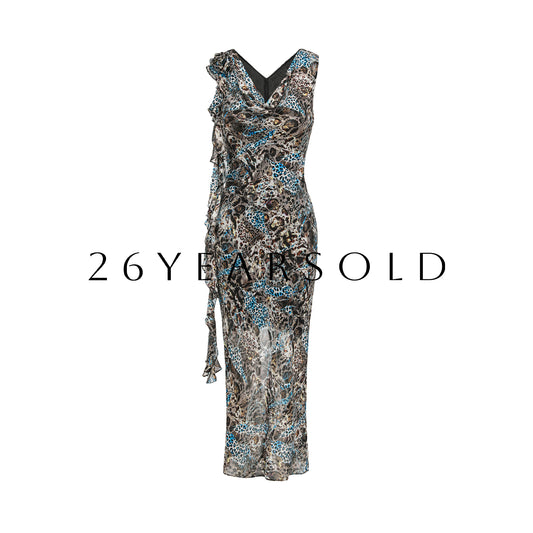 26YEARSOLD Electric Leopard Silk Blend Cowl Neck Ruffled Maxi Dress Blue Leopard
