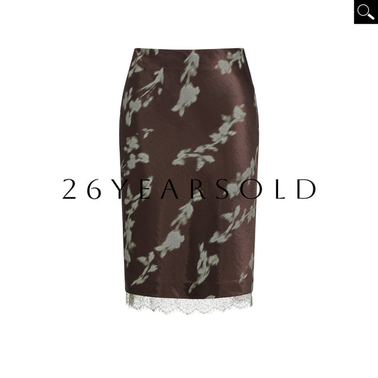 26YEARSOLD Dusty Moss Sparse Elegant Satin Floral Midi Skirt