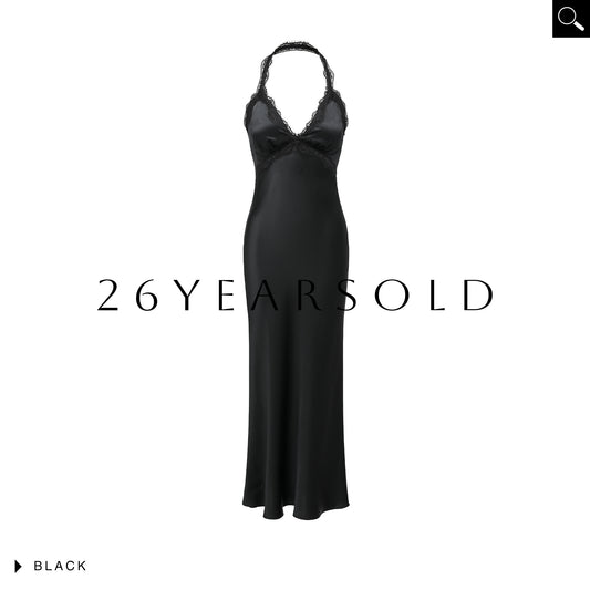 26YEARSOLD Halter Neck Satin Lace Mermaid Maxi Dress Black