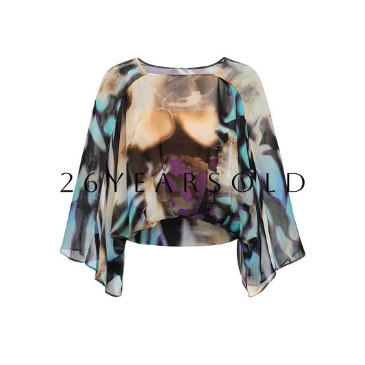 26YEARSOLD Horizon Silk-Blend Sheer Cape Blouse Set Abstract Print