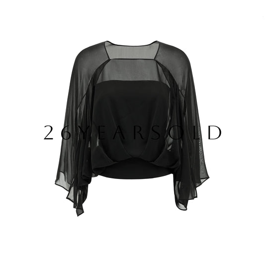 26YEARSOLD Horizon Silk-Blend Sheer Cape Blouse Set Midnight Black