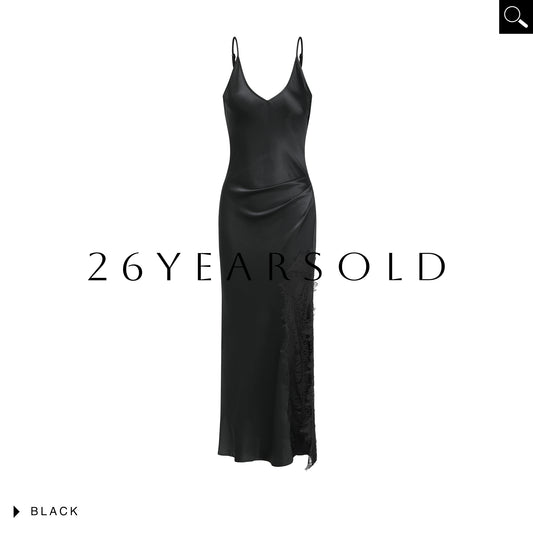 26YEARSOLD Lace Slit Acetate Blend Maxi Slip Dress Ink Black