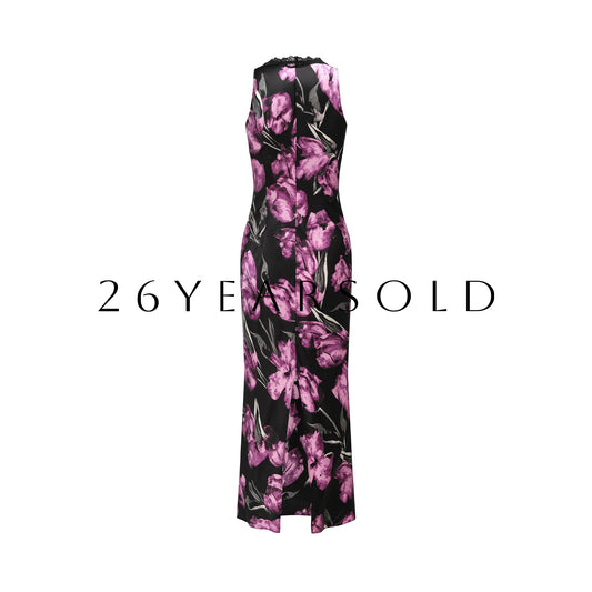 26YEARSOLD Midnight Tulip Mulberry Silk Blend Lace-Trim Maxi Dress