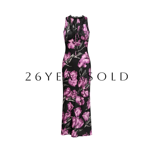 26YEARSOLD Midnight Tulip Mulberry Silk Blend Lace-Trim Maxi Dress Black Pink Floral