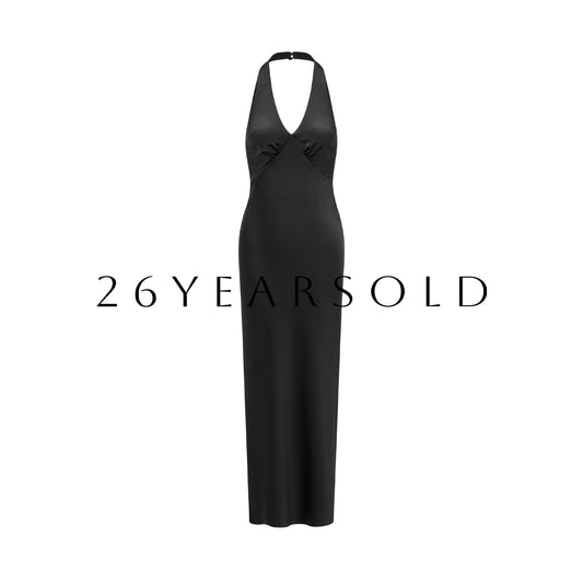 26YEARSOLD Black Elegance Acetate Satin Halter Neck Trousseau Maxi Dress Black