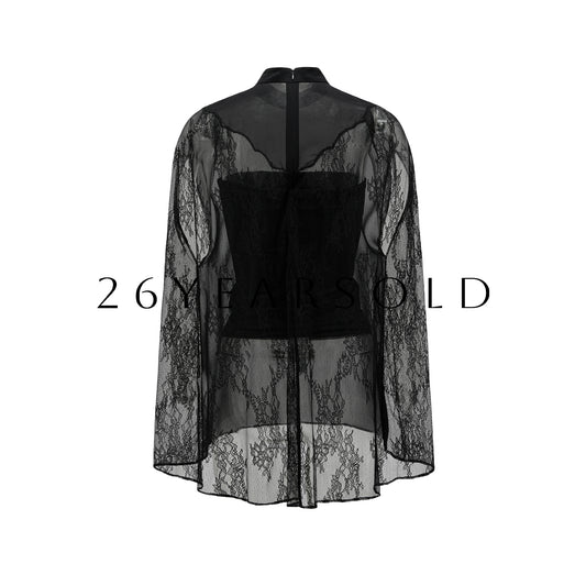 26YEARSOLD Serene Silk Mock Neck Blouse with Sheer Lace Detail