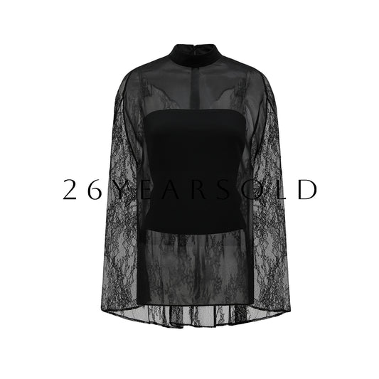 26YEARSOLD Serene Silk Mock Neck Blouse with Sheer Lace Detail