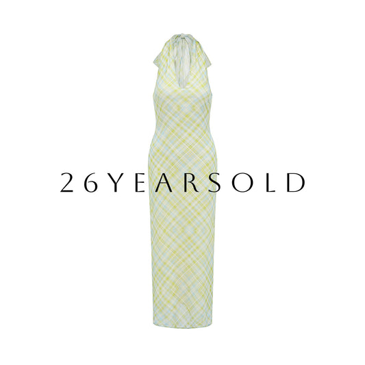26YEARSOLD The Riviera Halter Silk-Blend Maxi Dress Lime Gingham