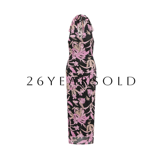 26YEARSOLD The Riviera Halter Silk-Blend Maxi Dress Purple Floral