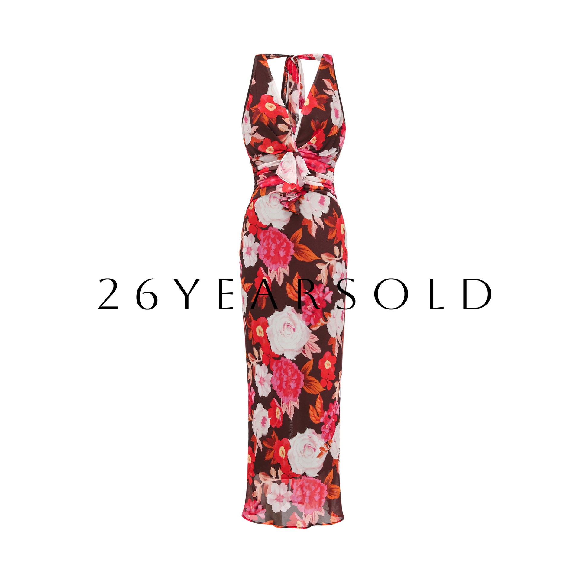 26YEARSOLD Floral Silk Halter Maxi Dress in Caramel Brown Caramel Brown Floral